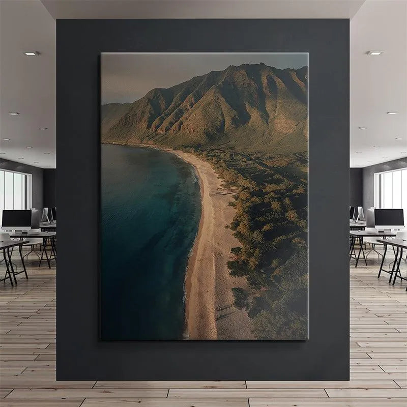 Vertical composition highlighting the vast scale of the sea and high peaks, 'Island Side View' photograph.