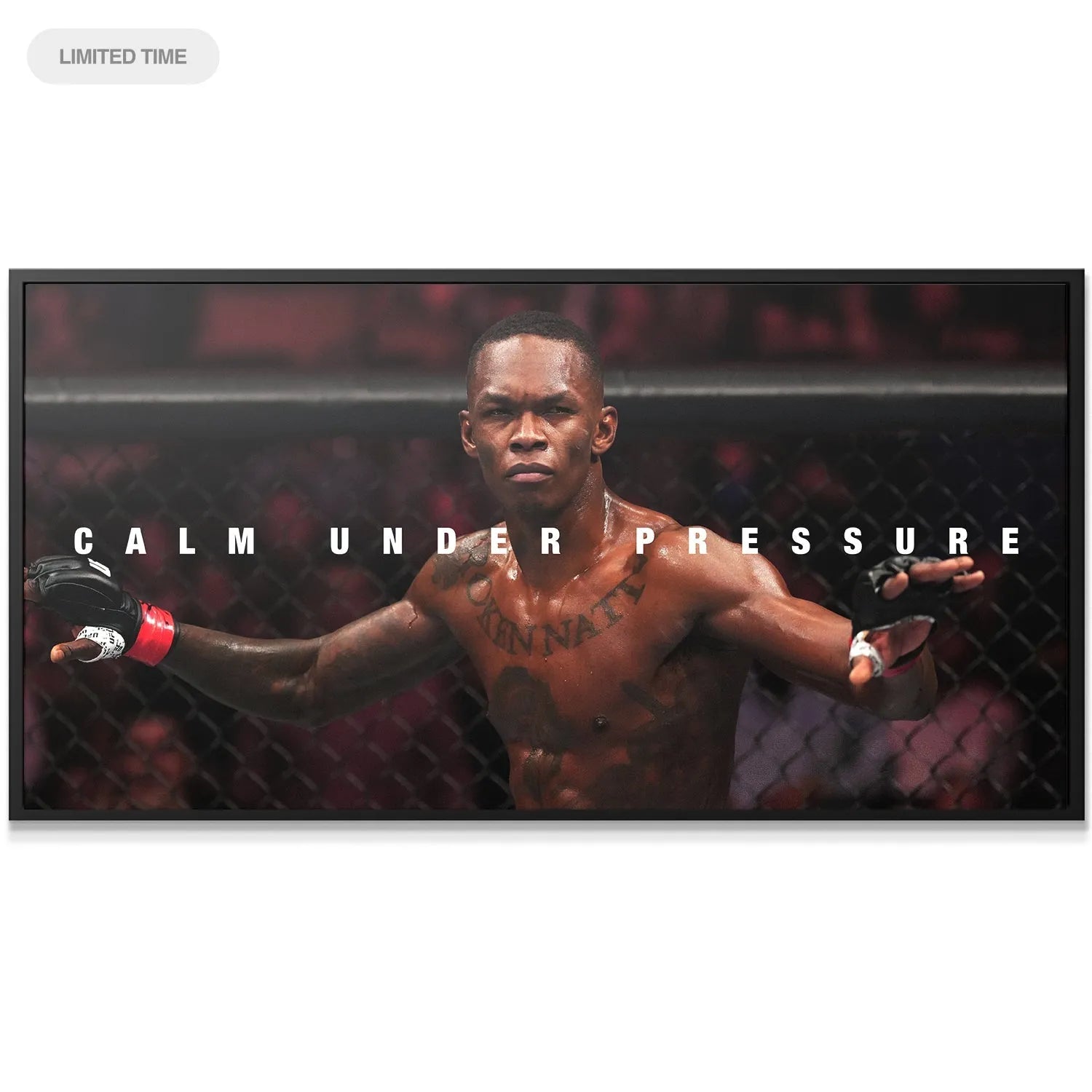 Wide shot canvas artwork of Israel Adesanya - Calm Under Pressure, dominating the cage center with arms outstretched.