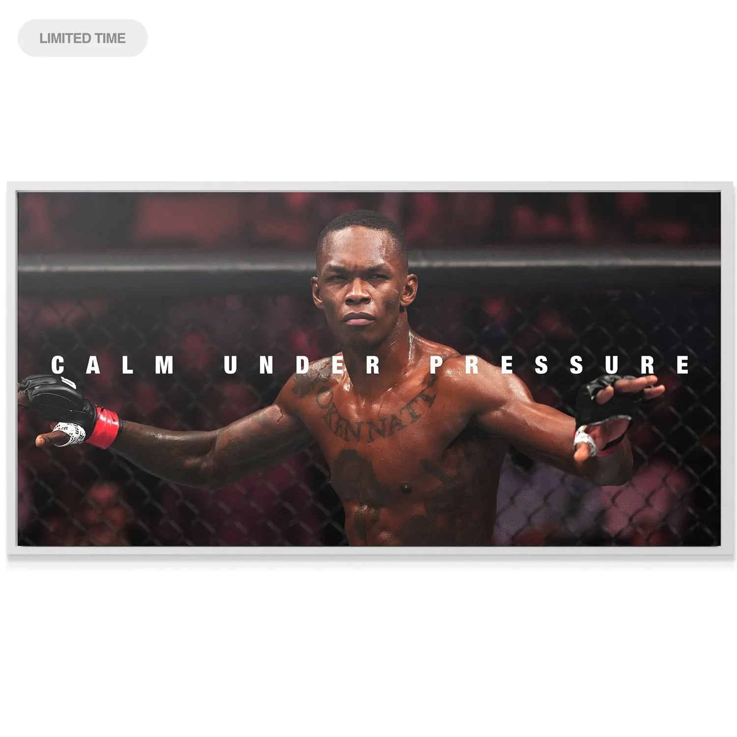 High-resolution texture preview of the sweat and dramatic lighting on the Israel Adesanya - Calm Under Pressure print.