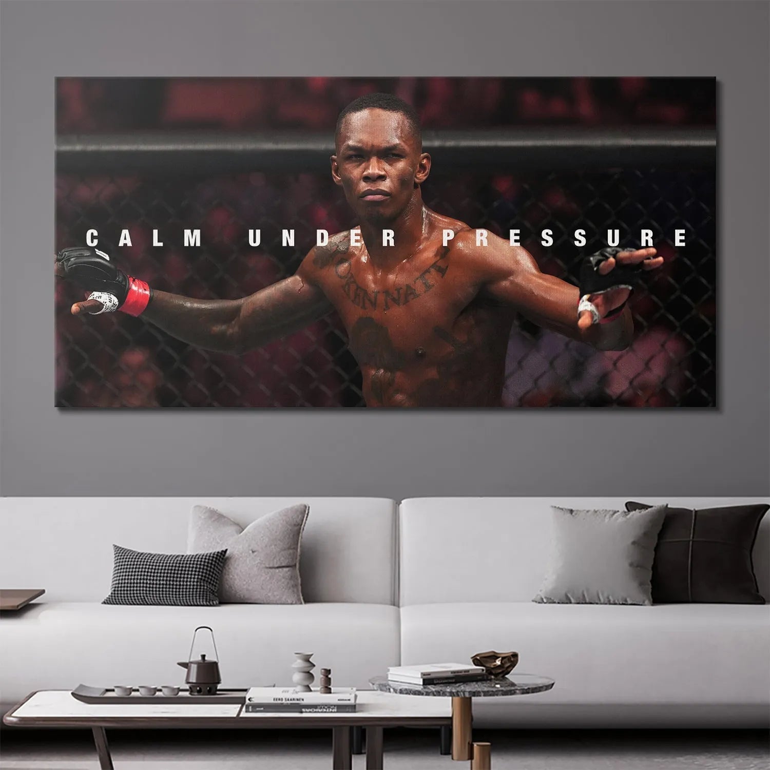 Low-angle view capturing the powerful, iconic post-fight stance in the Israel Adesanya - Calm Under Pressure image.