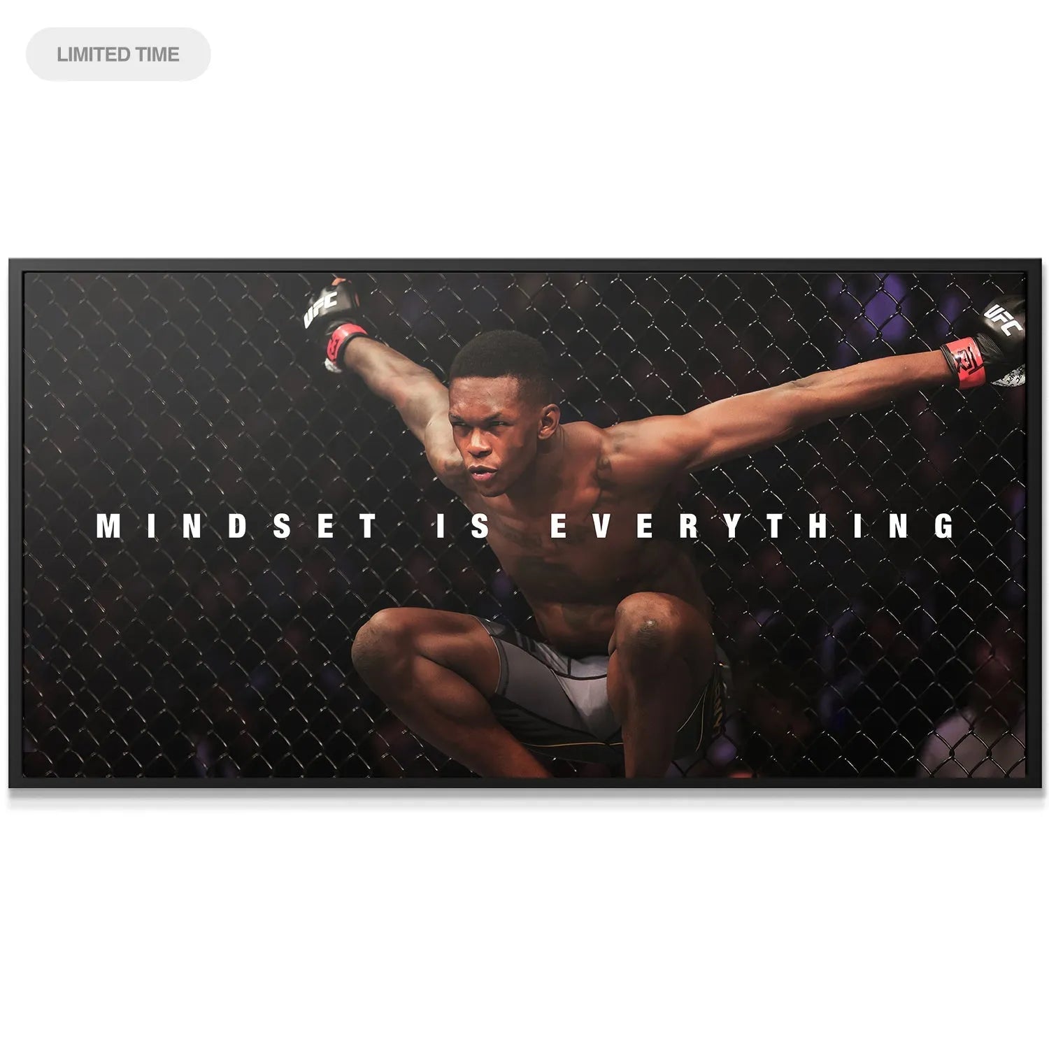 Wide shot of the UFC cage setting showcasing the impactful design of the Israel Adesanya - Mindset Is Everything poster.
