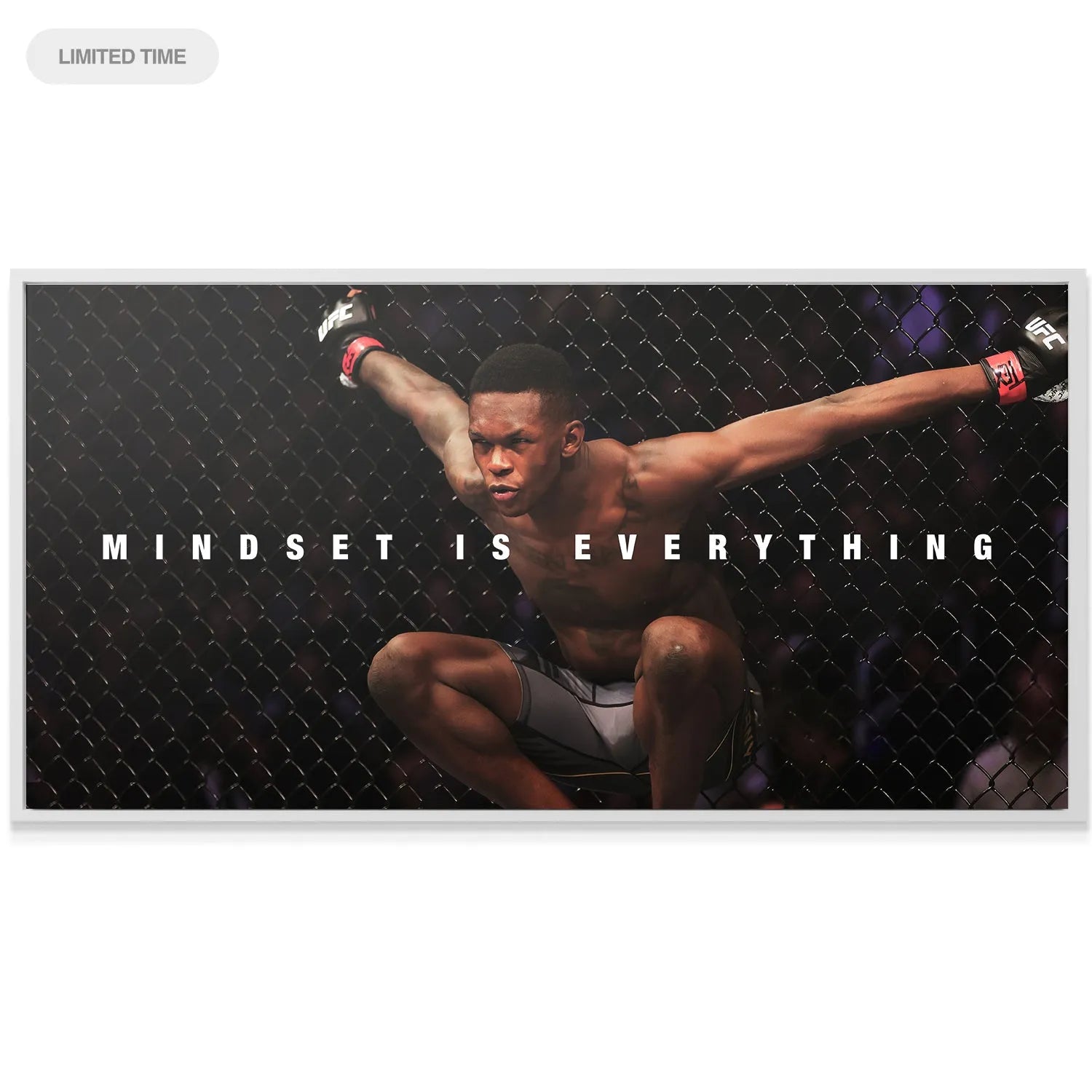 Lifestyle mock-up of the canvas art hanging in a modern training facility featuring Israel Adesanya - Mindset Is Everything.