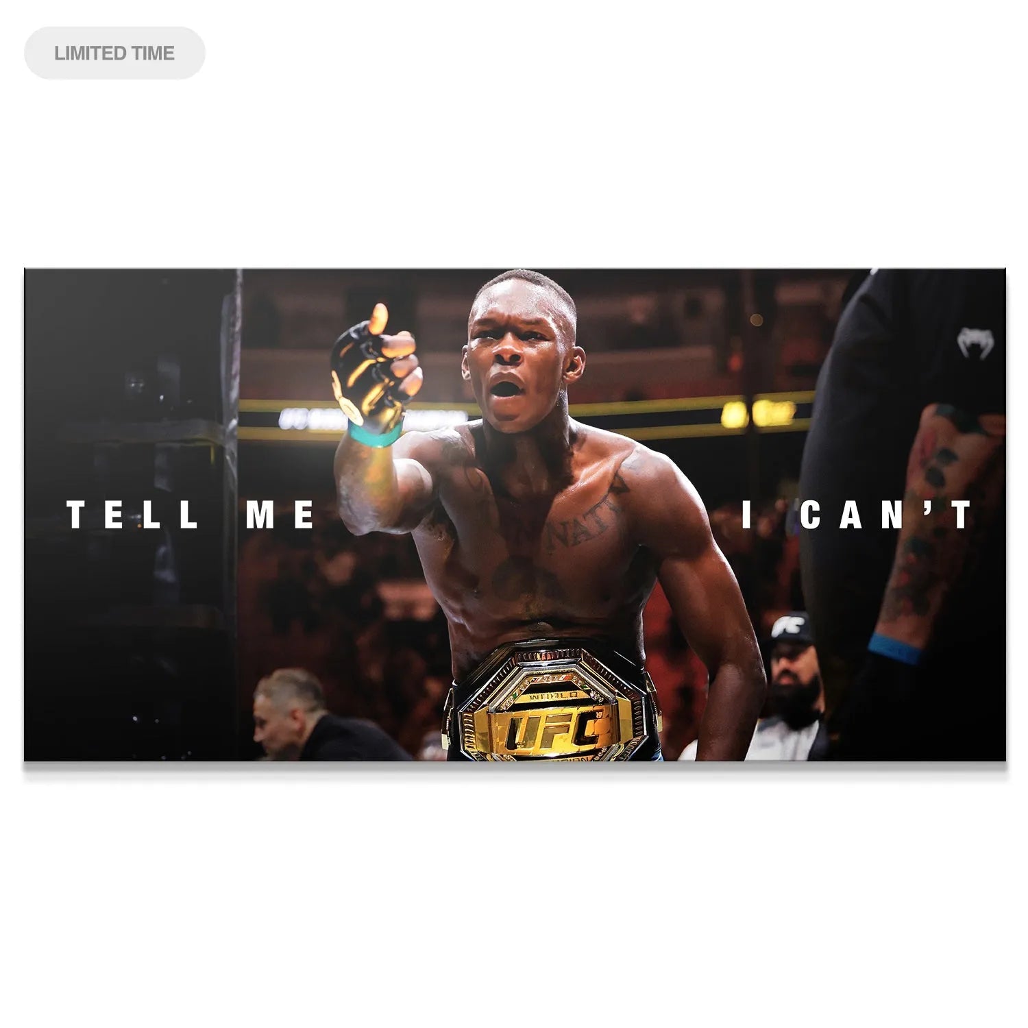 Close-up portrait of Israel Adesanya - Tell Me I Can't, showing intensity and determination after winning the UFC belt.
