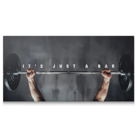 Atmospheric shot of strong arms lifting barbell with text, 'It's Just A Bar (Man)'.