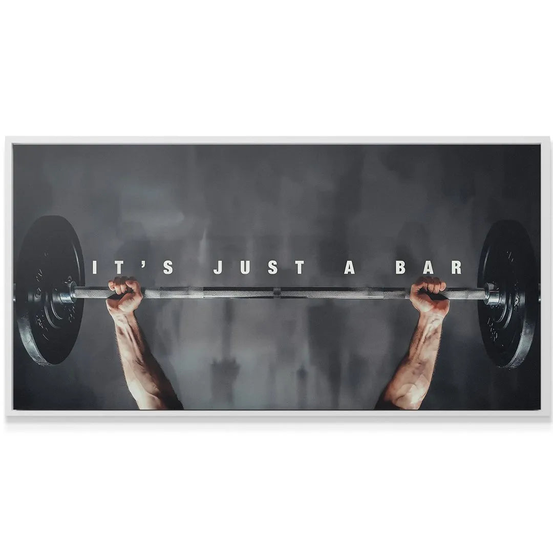 Wide-angle gym canvas featuring the dramatic high-contrast lighting emphasizing 'It's Just A Bar (Man)'.