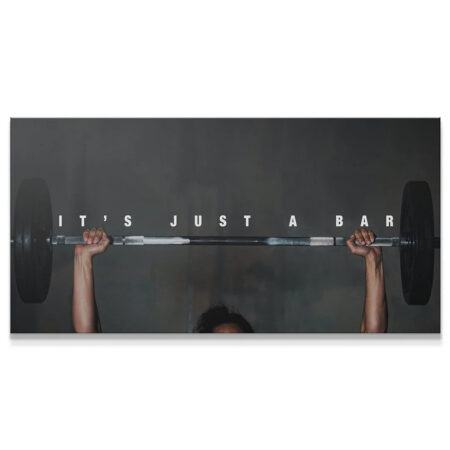 Wide angle motivational canvas art print It's Just A Bar (Woman) featuring an intense overhead weightlifting lock-out.