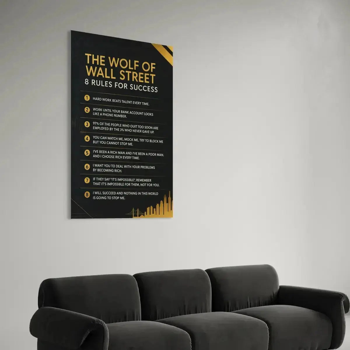 Angled lifestyle shot of the "It’s Not Over When You Lose" wolf of wall street rules canvas positioned above a minimalist desk setup