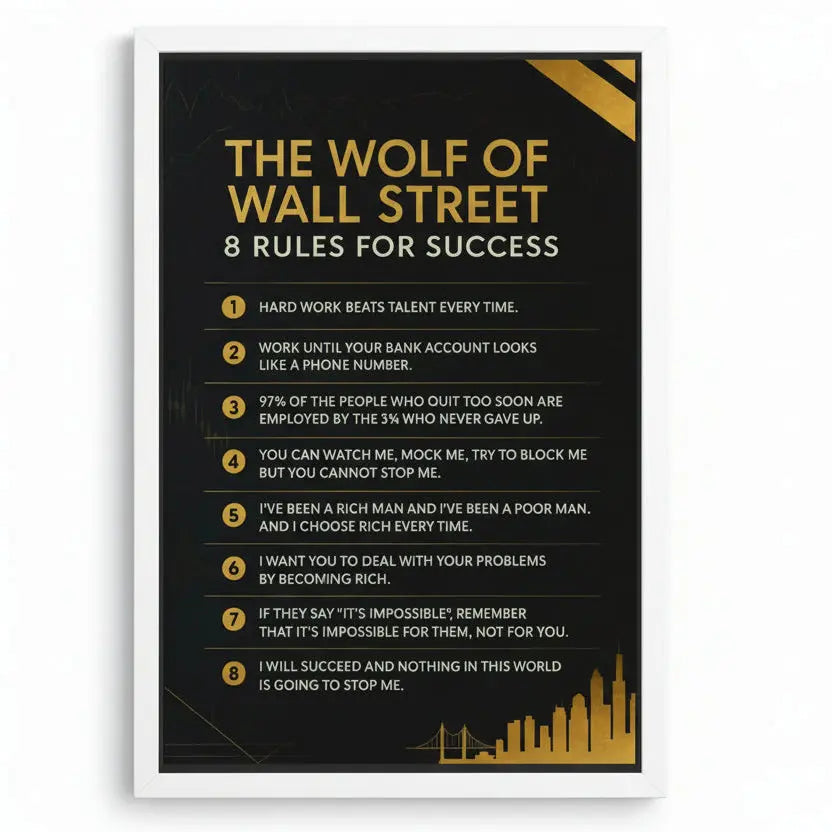 Poster with 'The Wolf of Wall Street' 8 Rules for Success on a black background