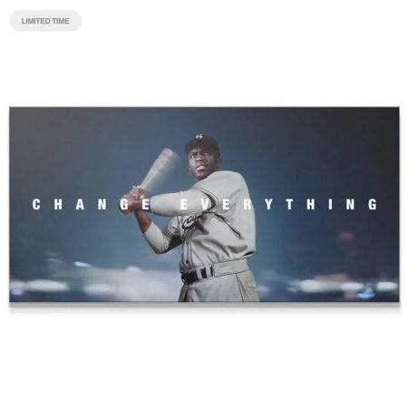 Cinematic action shot of Jackie Robinson mid-swing with motion blur, capturing the essence of Jackie Robinson - Change Everything.