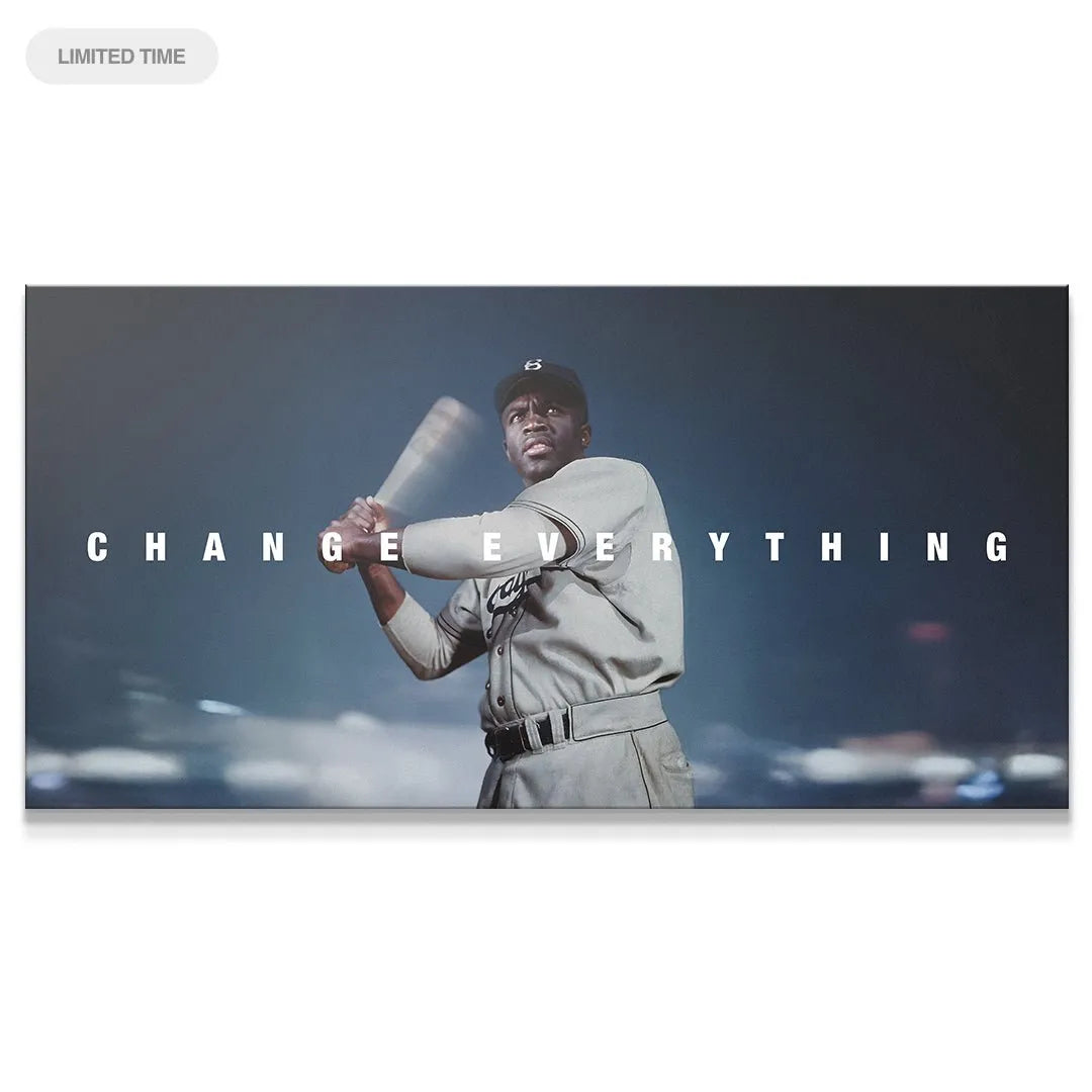 Cinematic action shot of Jackie Robinson mid-swing with motion blur, capturing the essence of Jackie Robinson - Change Everything.