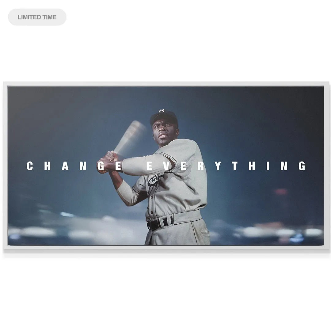 Detailed view of the vintage baseball uniform and 'B' cap worn by the icon, celebrating Jackie Robinson - Change Everything.