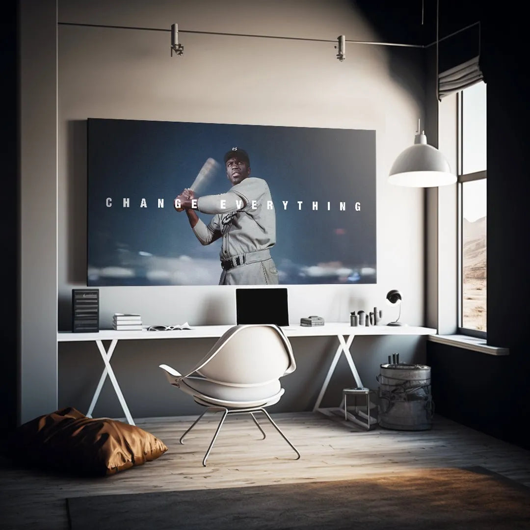 Wide shot showing the dramatic, low-key lighting and atmospheric background behind the legend, titled Jackie Robinson - Change Everything.
