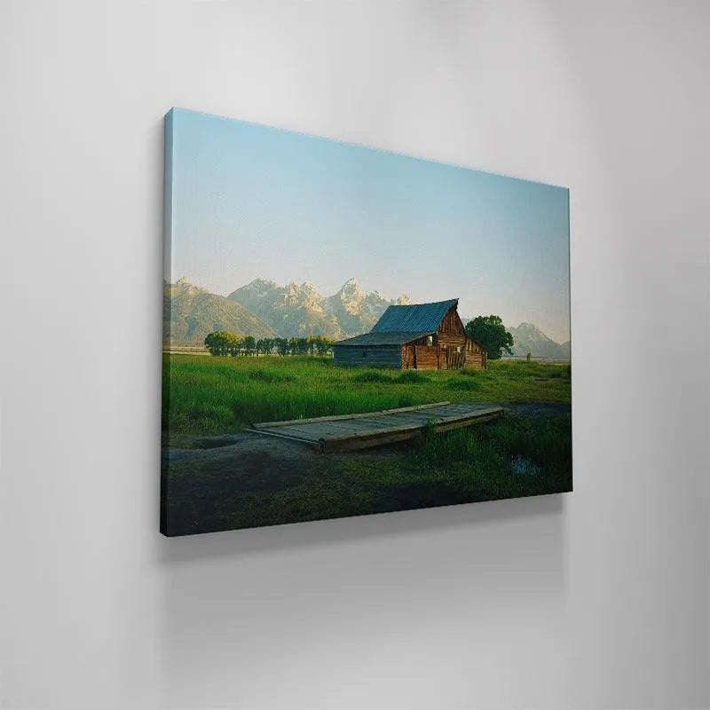 Jackson Greens canvas print illustrating the rich color saturation of the blue-gray roof and rustic wood siding detail.