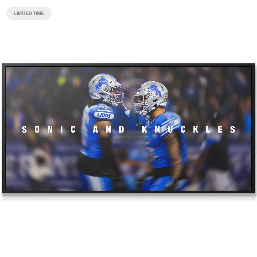 Close-up profile view of the running backs featured prominently in the Jahmyr Gibbs & David Montgomery - Sonic & Knuckles artwork.