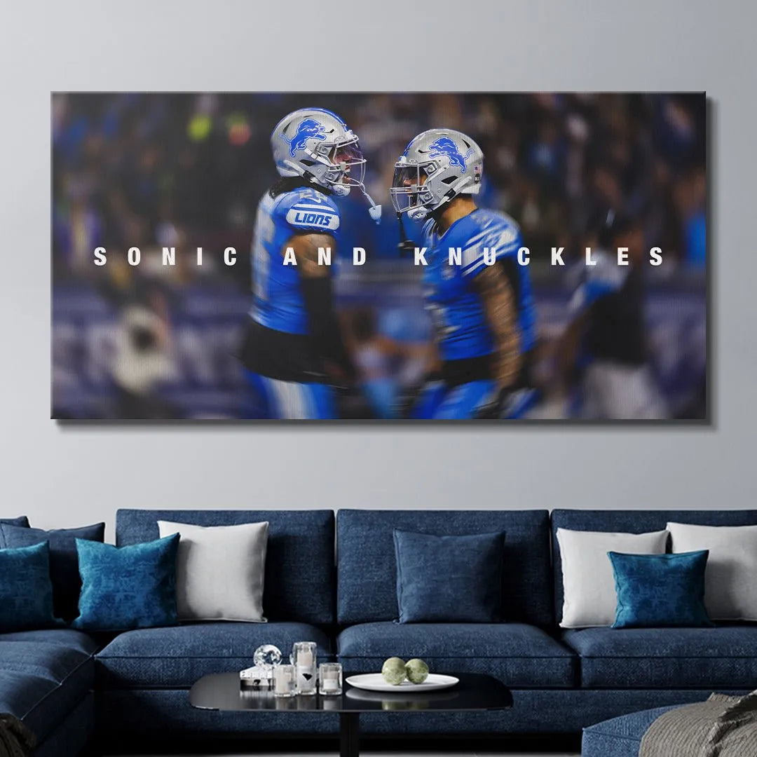 Wide action angle of the Detroit Lions backfield, represented powerfully by the Jahmyr Gibbs & David Montgomery - Sonic & Knuckles print.