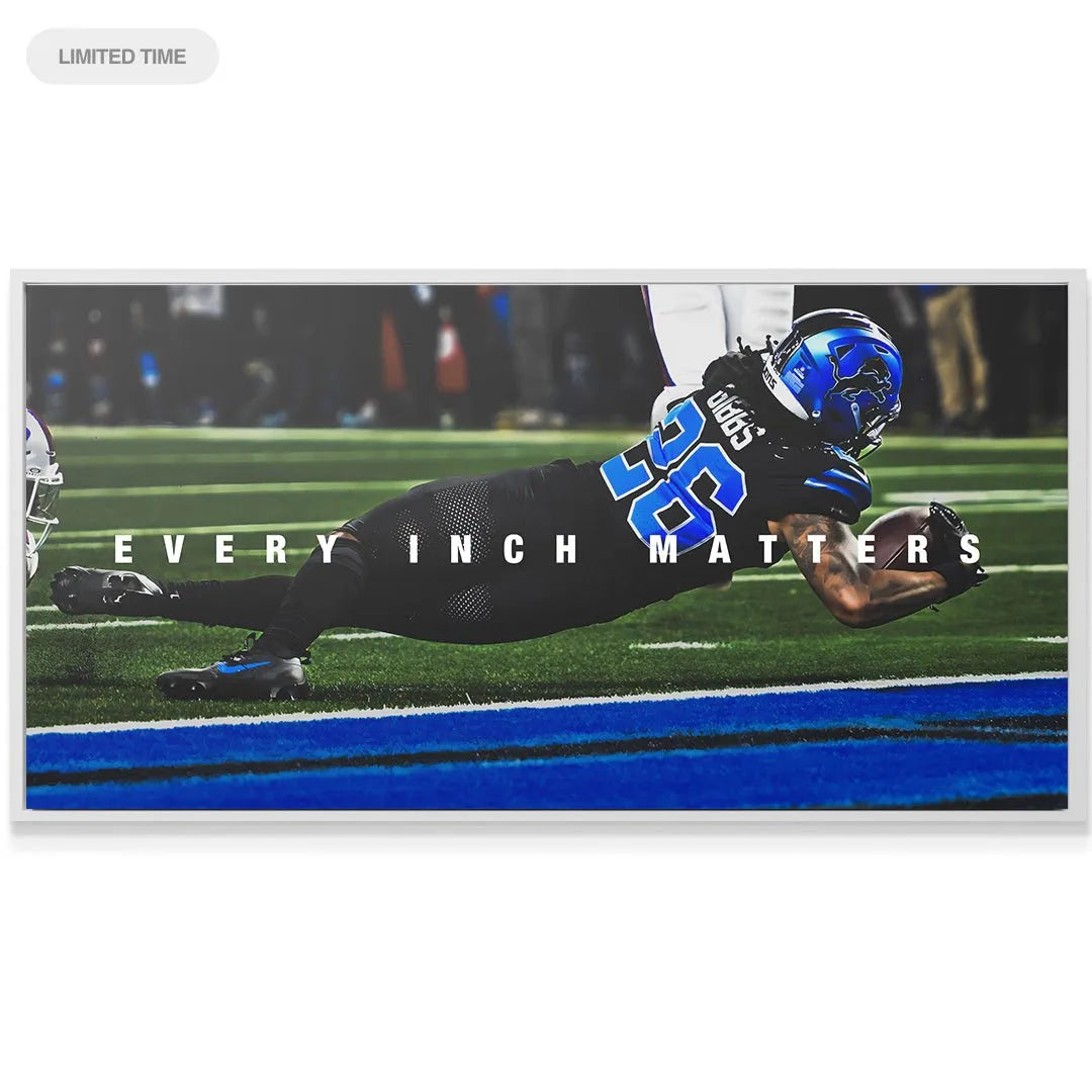 Jahmyr Gibbs - Every Inch Matters: High-resolution print texture showcasing the motion blur of the athletic leap.