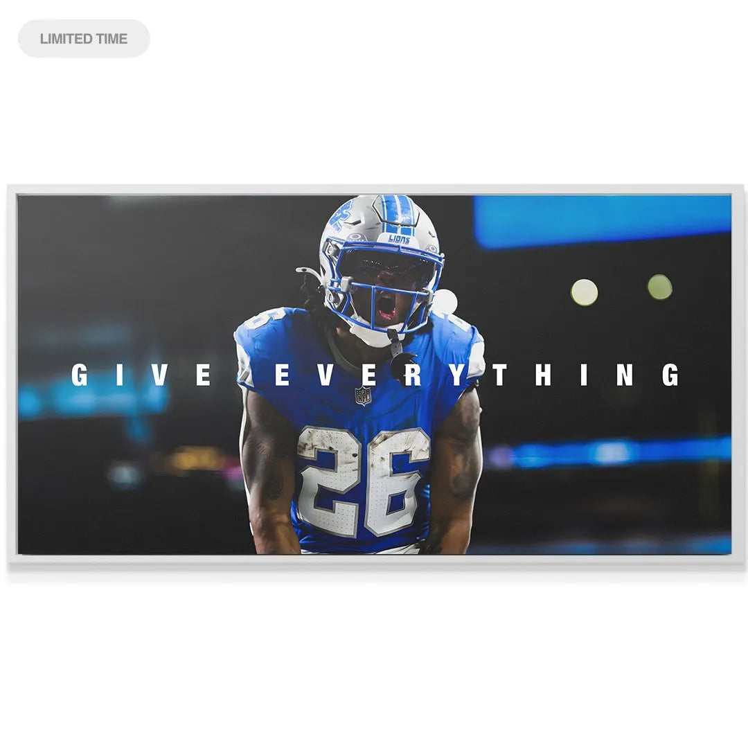Textured canvas print showing the vibrant blue Lions jersey detail of the dedicated Jahmyr Gibbs - Give Everything artwork.
