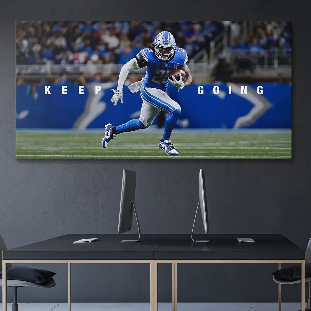 Textured digital rendering of the jersey fabric and football grip in the Jahmyr Gibbs - Keep Going artwork.
