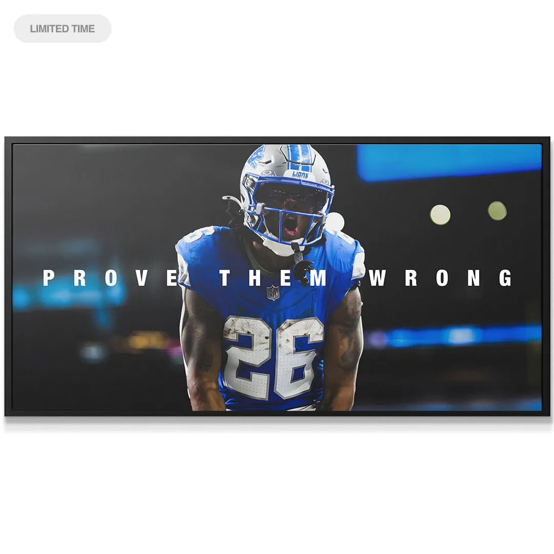 Wide-angle stadium shot featuring Jahmyr Gibbs - Prove Them Wrong motivational banner display.