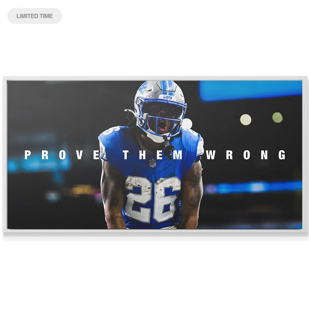 Lifestyle mock-up of the Jahmyr Gibbs - Prove Them Wrong canvas hanging in a modern living room.