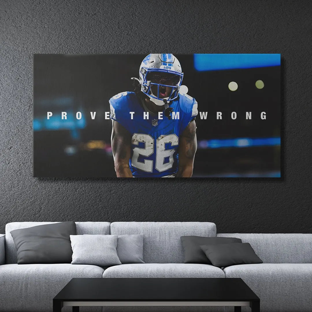 Detail of Jahmyr Gibbs' intense expression and blue visor on the Prove Them Wrong artwork.