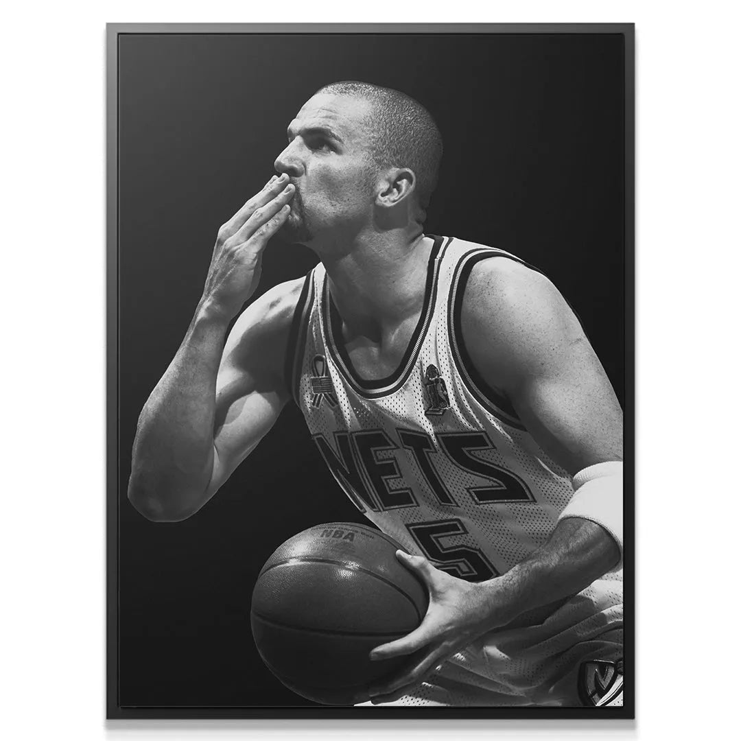 Close-up portrait capturing the facial expression and intensity of NBA legend Jason Kidd - #1 in uniform.