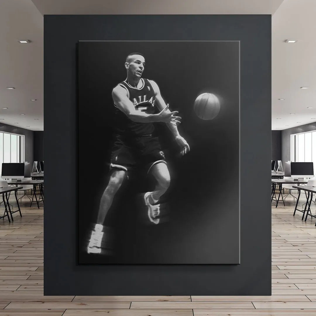 Black background texture highlighting the detailed stitching on Jason Kidd - #2 Dallas Mavericks jersey.