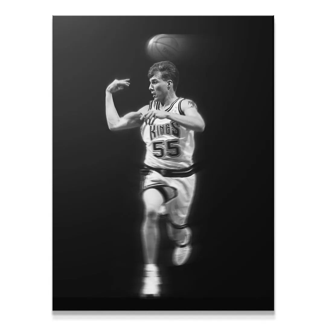 Full length black and white action shot of Jason Williams - #1 driving toward the basket.