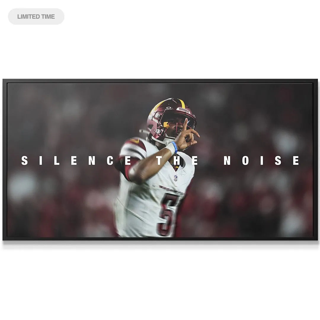 Horizontal view of the premium canvas art print 'Jayden Daniels - Silence The Noise' displayed in a modern home setting.