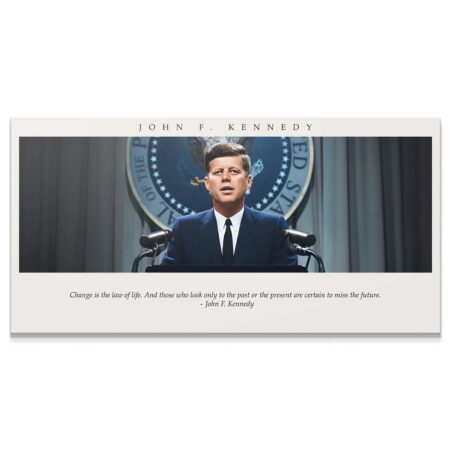 Detailed close-up of President Kennedy delivering the address, featuring the text 'JFK - Change is the Law of Life'.