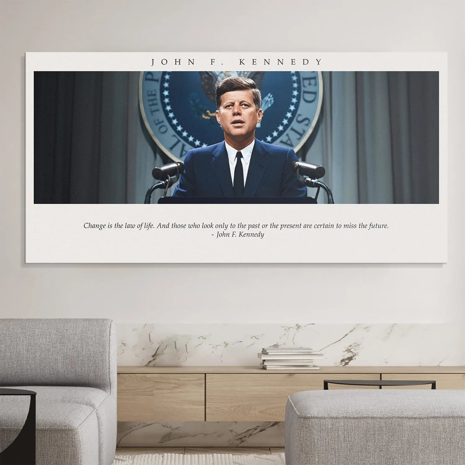 JFK speaking with the Presidential Seal visible behind him, emphasizing the historical context of 'JFK - Change is the Law of Life'.