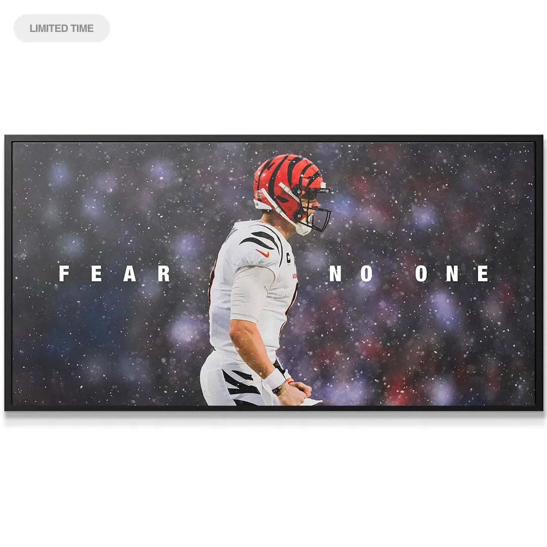 Close-up texture shot highlighting the falling snow detail in the 'Joe Burrow - Fear No One' canvas.