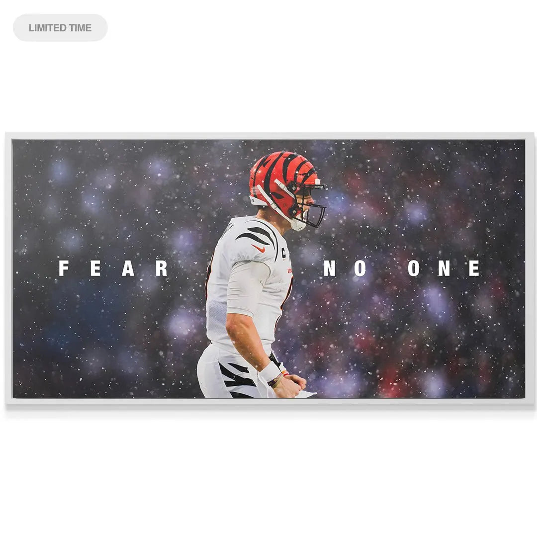 Side profile of Joe Burrow's helmet and protective face mask featured in the 'Joe Burrow - Fear No One' print.
