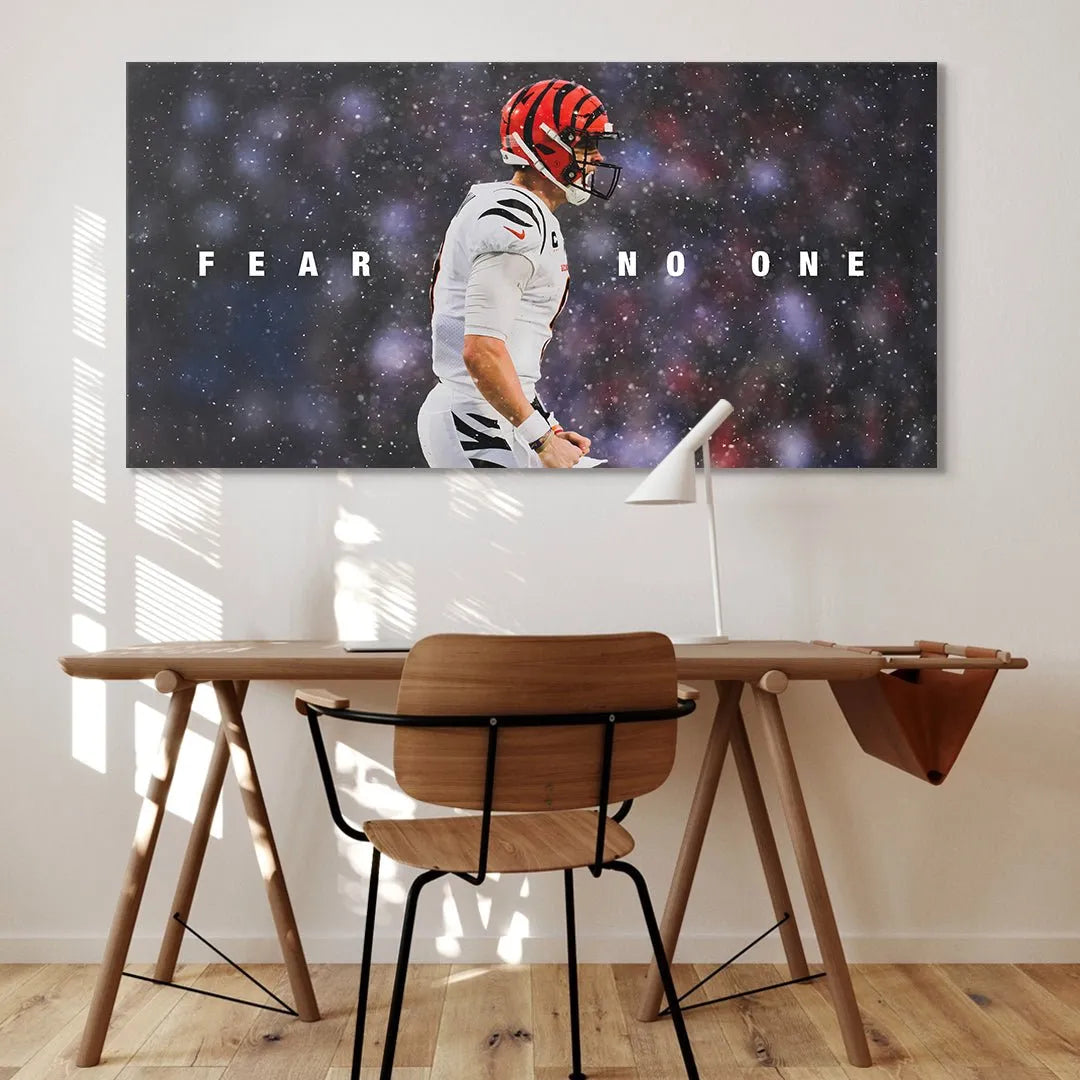 Lifestyle mock-up showing the large scale of the 'Joe Burrow - Fear No One' motivational poster in a modern office setting.