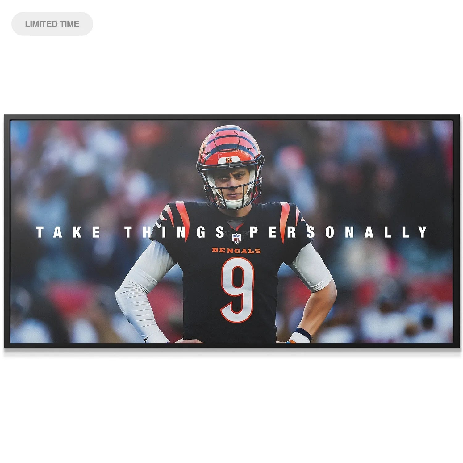 Wide-angle stadium view of Joe Burrow - Take Things Personally poster capturing the depth of the blurred crowd background.