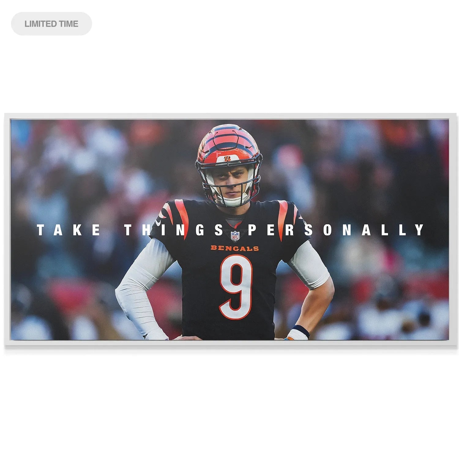 Lifestyle shot of the mounted wall art featuring Joe Burrow - Take Things Personally hung above a couch in a modern apartment.