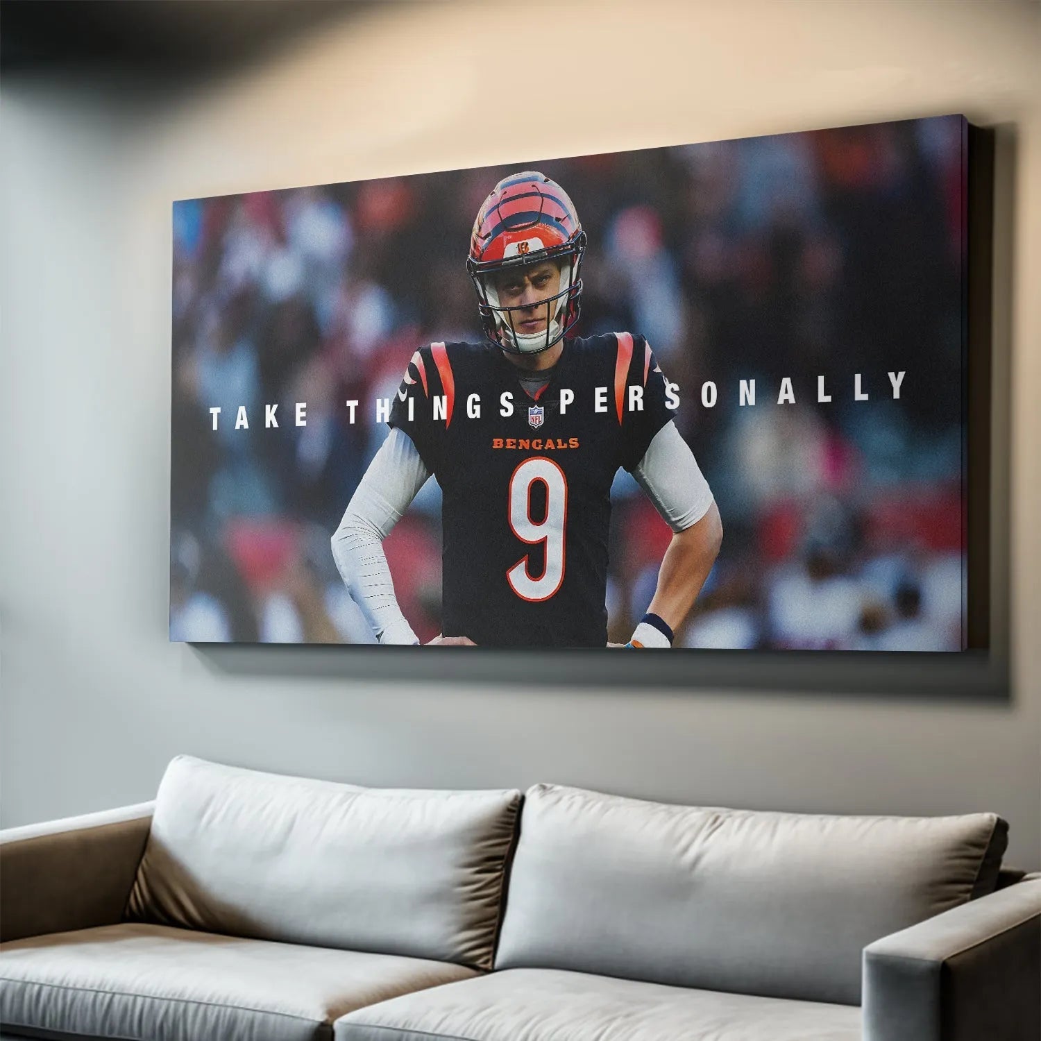 Detail of the vibrant orange and black uniform colors on the Joe Burrow - Take Things Personally limited edition print.