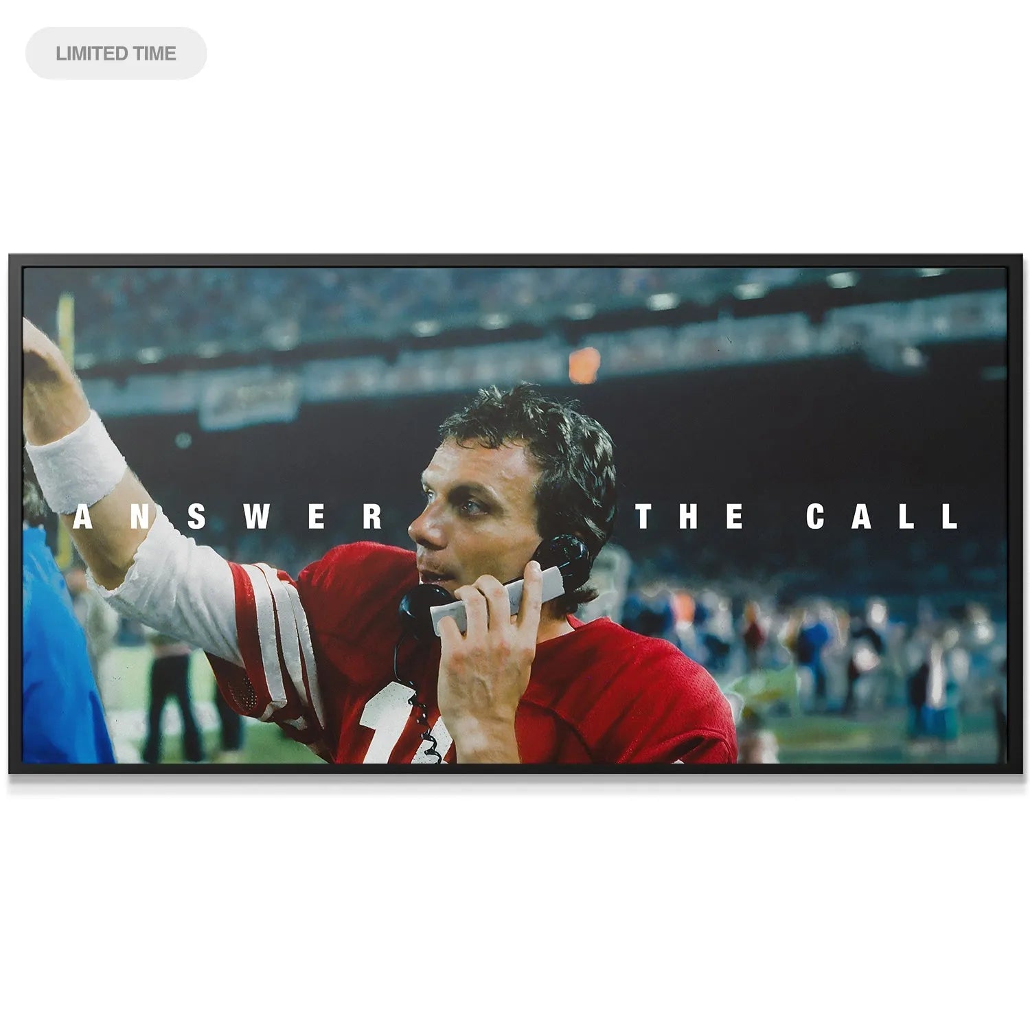Wide shot of the stadium background blurring behind the focused quarterback in the 'Joe Montana - Answer The Call' canvas print.