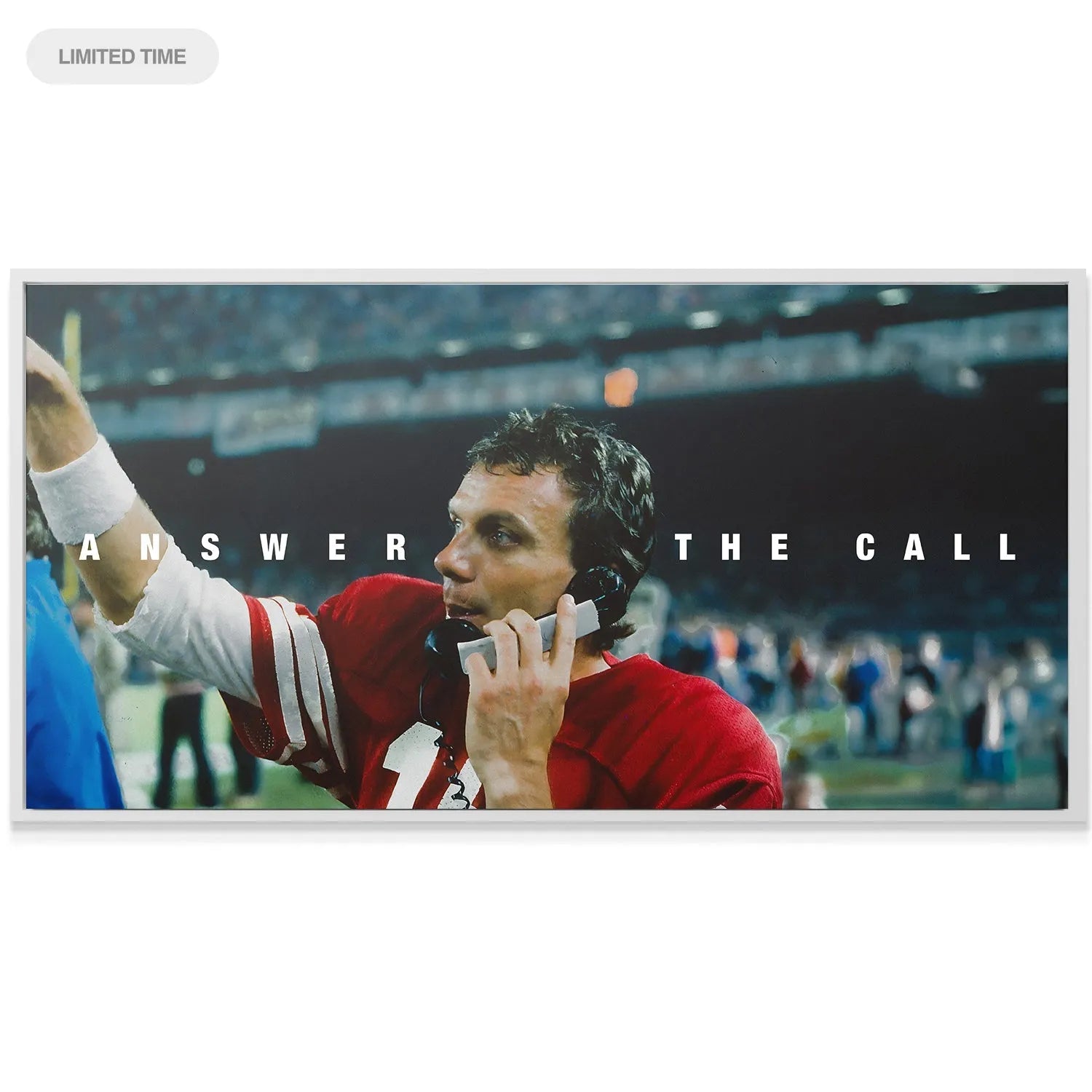Textured detail view of Joe Montana's hand gripping the vintage black phone receiver for 'Joe Montana - Answer The Call'.
