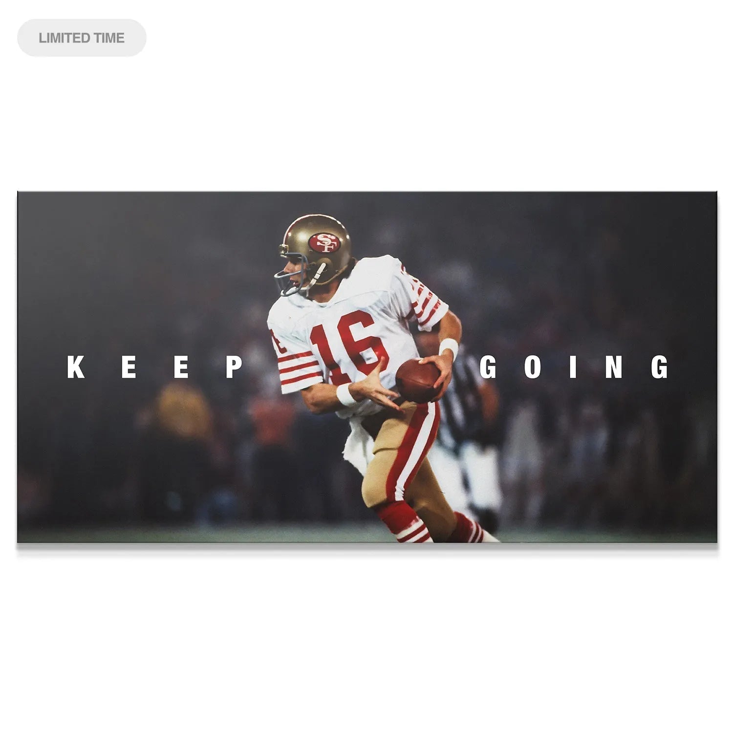 Action shot of Joe Montana scrambling under pressure, titled 'Joe Montana - Keep Going #2'.