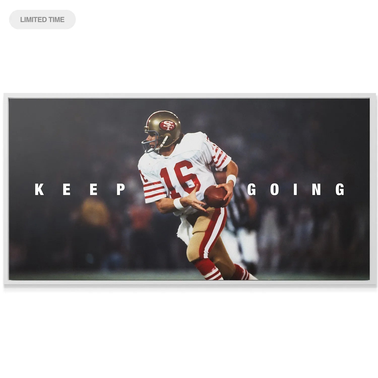 Close-up on the San Francisco 49ers uniform worn by Joe Montana in 'Joe Montana - Keep Going #2'.