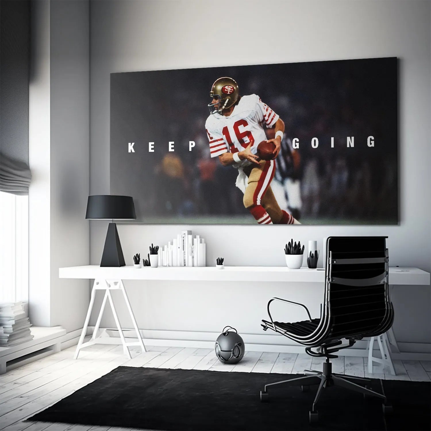 Dynamic sideline view capturing the determined expression for 'Joe Montana - Keep Going #2'.