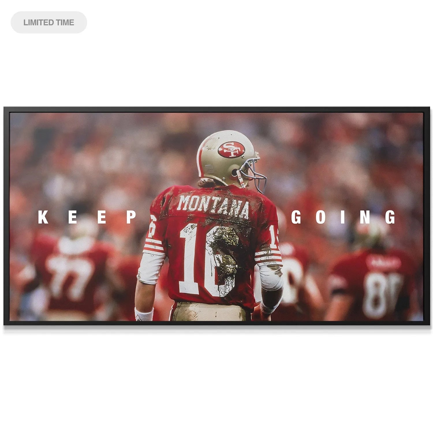 Close-up of the dirty number 16 jersey texture featuring Joe Montana - Keep Going attitude.