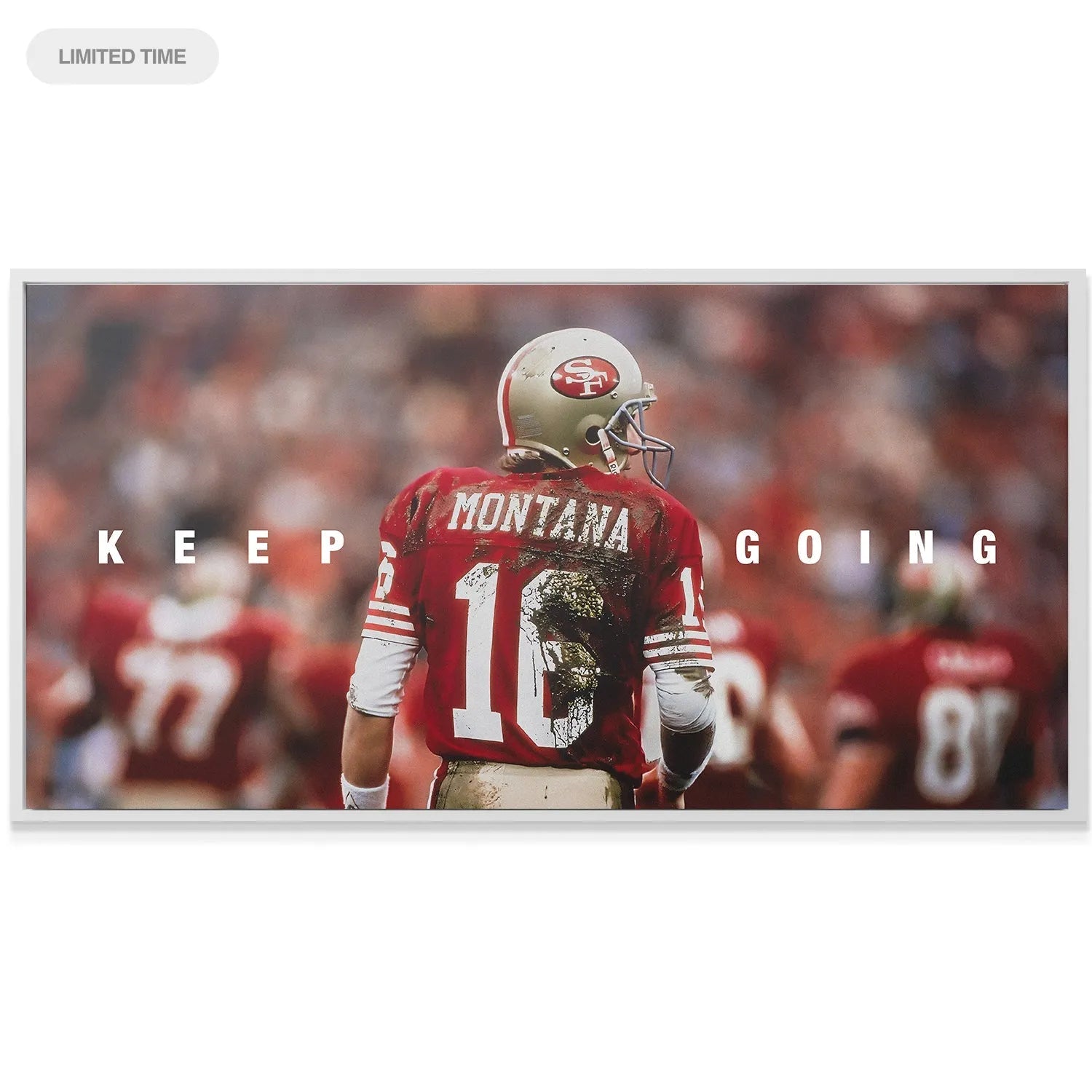 Wide-angle stadium shot illustrating the intensity of Joe Montana - Keep Going artwork.