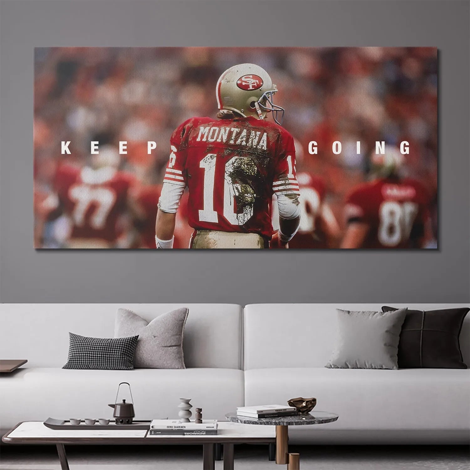 Lifestyle rendering of the motivational wall art Joe Montana - Keep Going in an office setting.
