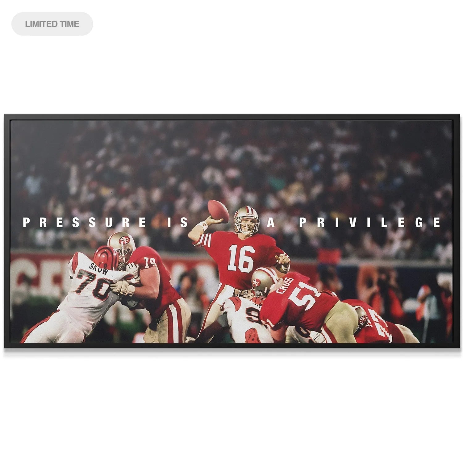 Close-up detail of Joe Montana's face and determined focus captured in Joe Montana - Pressure Is A Privilege.