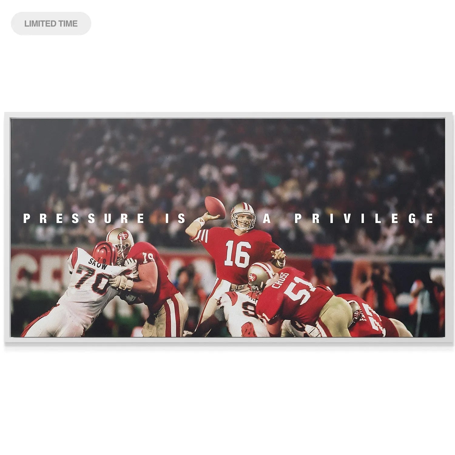Canvas texture representation of the legendary quote Joe Montana - Pressure Is A Privilege over the action shot.