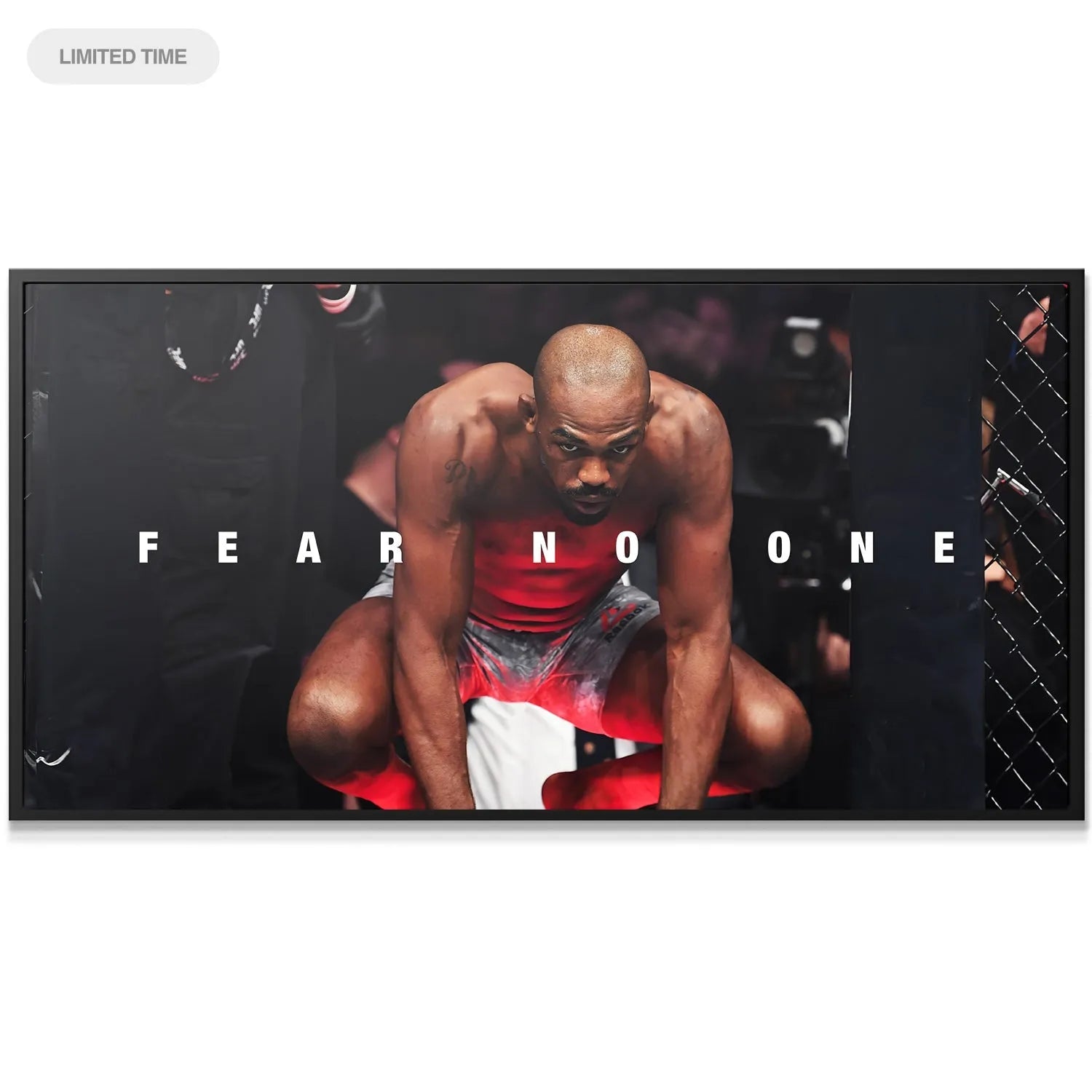 Low-angle view of the intense lighting highlighting the muscles in Jon Jones - Fear No One print.