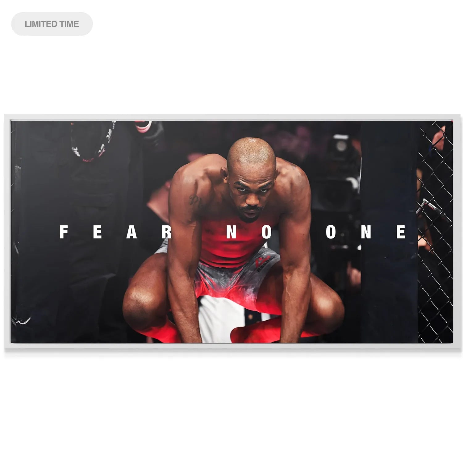 Full view of the canvas texture displaying Jon Jones - Fear No One artwork against a dark wall.