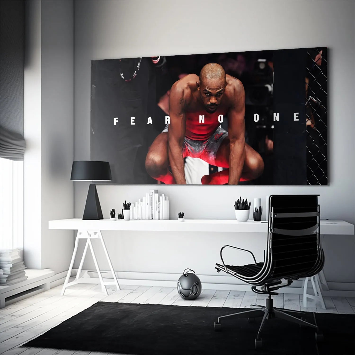 Lifestyle shot showing the large format scale of Jon Jones - Fear No One poster in a modern gym setting.